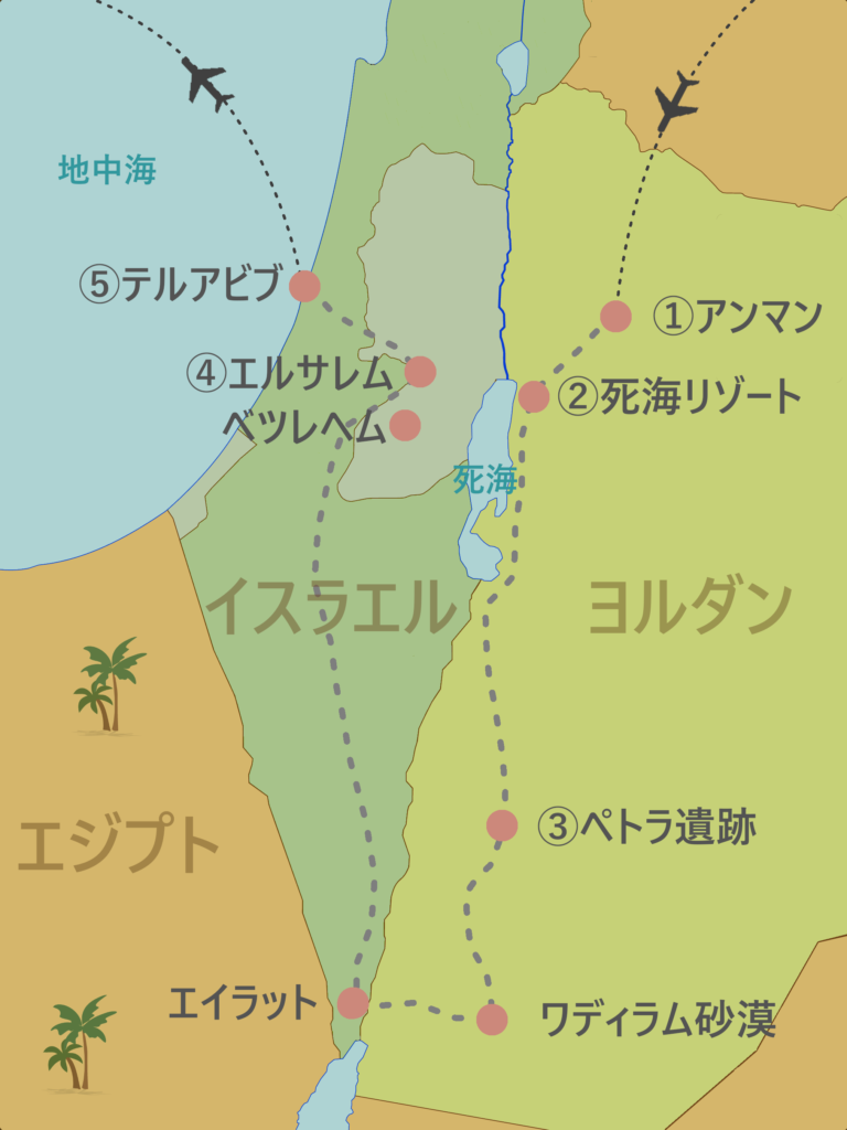 ヨルダン・イスラエル旅行のルートマップ
